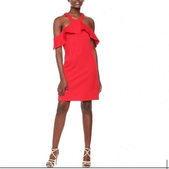 Trina Turk red halter cold shoulder ruffle top sheath dress size 4 - Picture 1 of 16